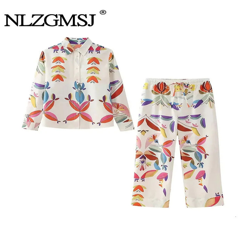 Nlzgmsj TRAF Spring Summer Printed Women Loose Shirt Suits Long Sleeve Casual Blouse Female Wide Pants Sets Y2K 240423