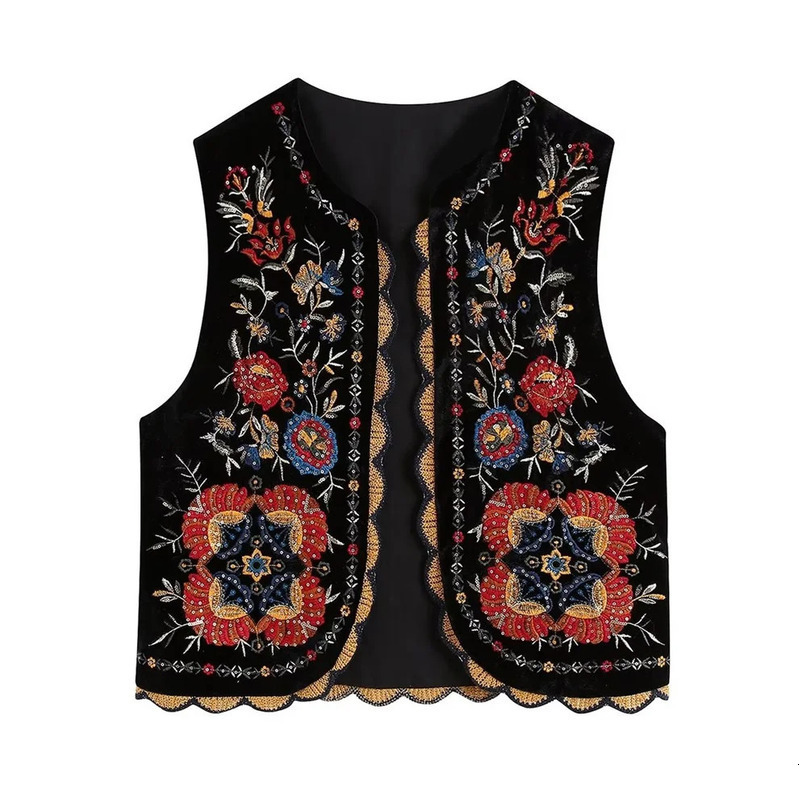 UNIZERA Autumn Womens Fashion Casual Versatile Lace Embroidery Sequin Velvet Vest 240523