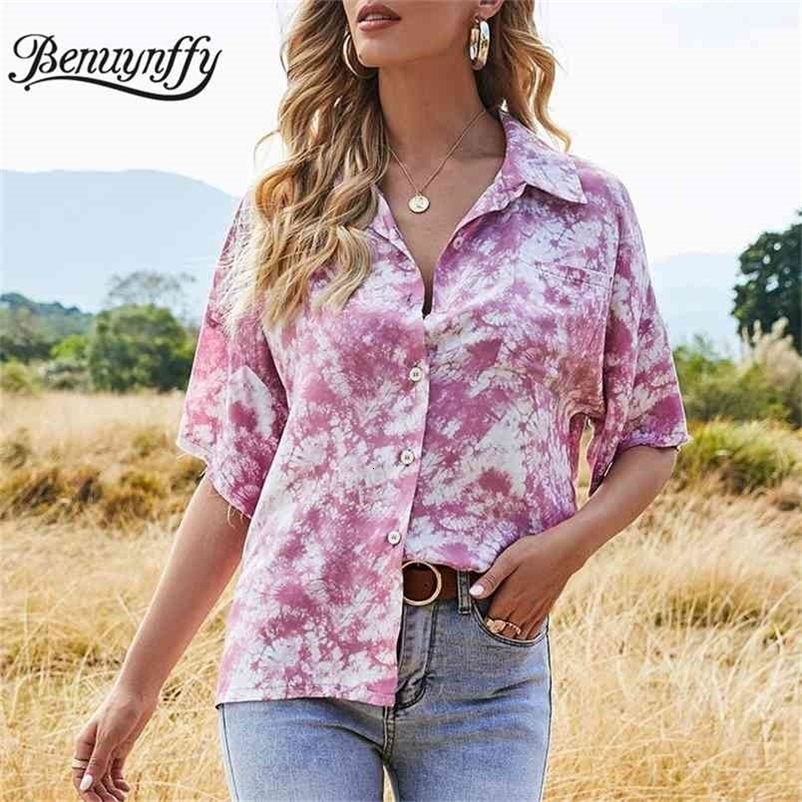 Turn-down Collar Pocket Tie Dye Short Sleeve Shirt Women Summer Tops Fashion Street Style Button Up Casual Shirts 210510