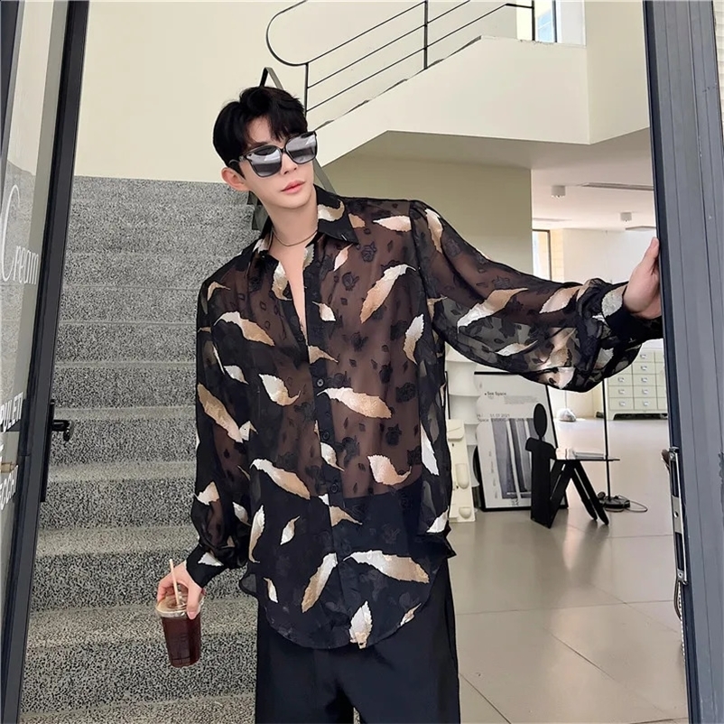 Mens Sexy Feather Hollowed Out Shirt Mens Lapel Long Sleeved Transparent Clothing Streetwear Casual Loose Trendy Tops 250224