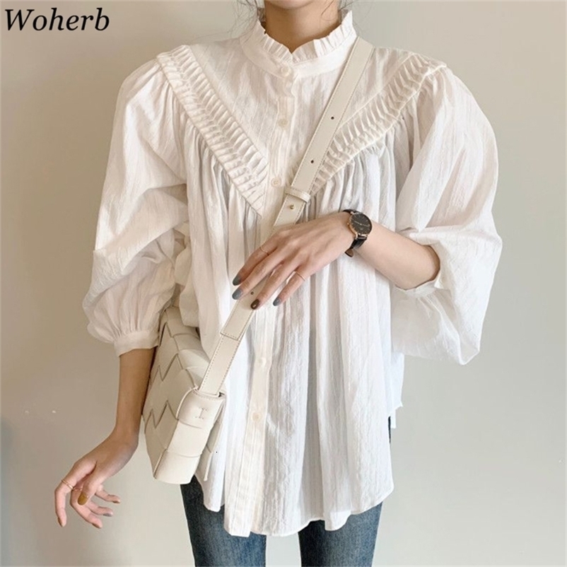 Korean Shirts Women Blusas Mujer De Moda Fashion Ruffles Stand Neck Pleated Blouses Lantern Sleeve Loose Blouse Tops 210519