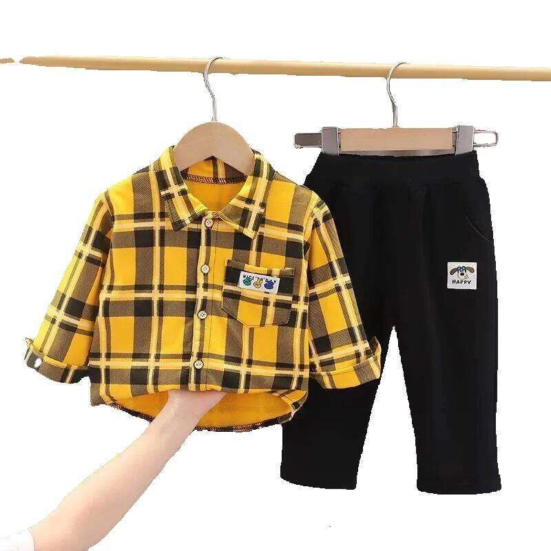 Autumn Newborn Clothes: Plaid Toddler Outfit - Stylish Long Sleeve Shirt and Pants Set for Boys, Perfect Spring/Autumn Two-Piece Suit