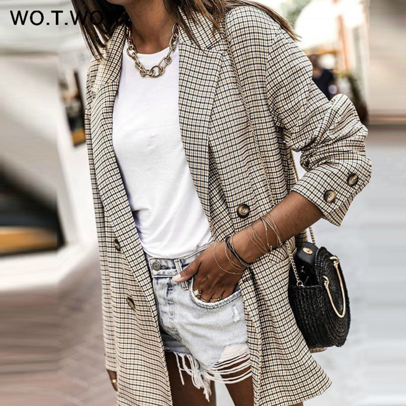 WOTWOY Double Breasted Plaid Blazer Women Khaki Pocket Long Sleeve Office Ladies Blazer Autumn Jacket Female Outerwear Coats T200828