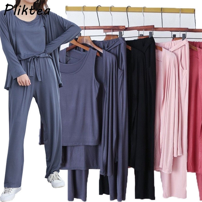 Women's Sleepwear Pliktea 3 Pieces Set Long Sleeve Modal Atoff Home Women's Loose Casual Pajamas Autumn Soft Home Cloth Plus Size Loose Slee