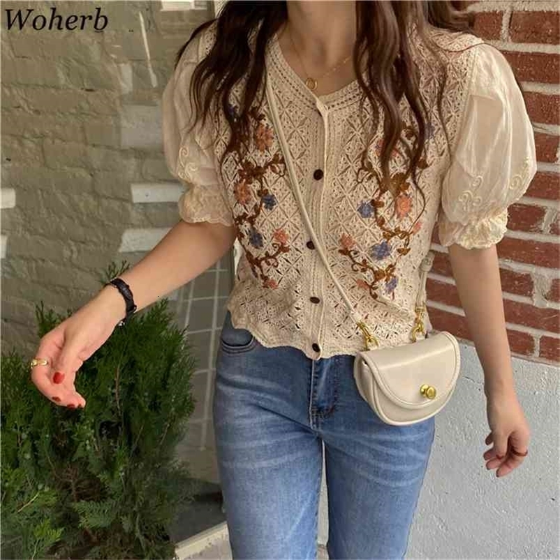 Camisas Mujer Vintage Hollow Out Crochet Floral Blouses Women Summer Shirts Chic Korean Patchwork Blusas Tops 95429 210519