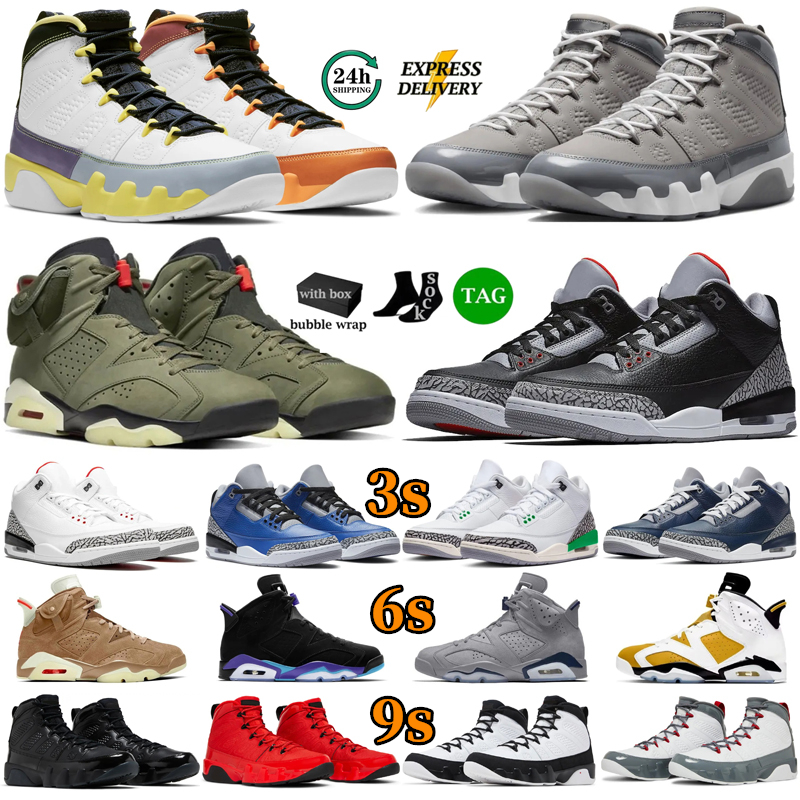 With Box 3s 6s 9s Basketball Shoes For Mens Womens Trainers Black Cat Cool Grey Fire Red Olive Bred UNC Midnight Navy Sport Blue Luxury Designer Sneakers Sports Shoes