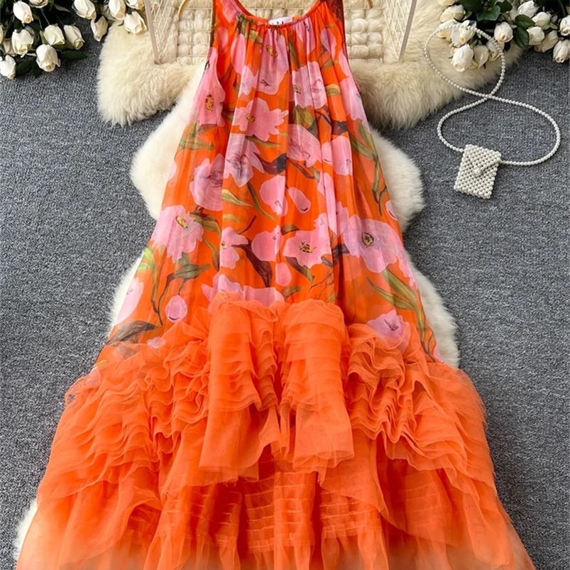 SINGREENY French Retro Printed Dress Womens O-neck spaghetti strap mesh patchwork irregular ruffled beach fashion ball dress 250117