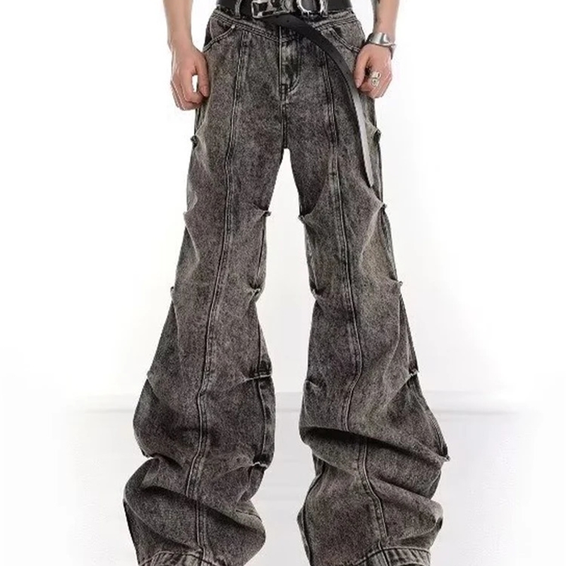 Y2K Wide Leg Jeans Men Pleated Vintage Fashion Micro Flared Denim Pants High Street Bootcut Trousers Male Stack 240912