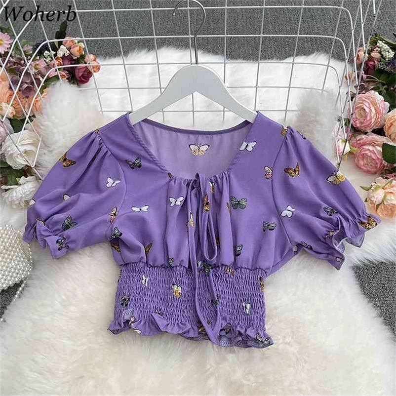 Crop Tops Shirt Square Collar Pleated Slim Blouses Women Fashion Ruffles Sweet Blouse Femme 210519