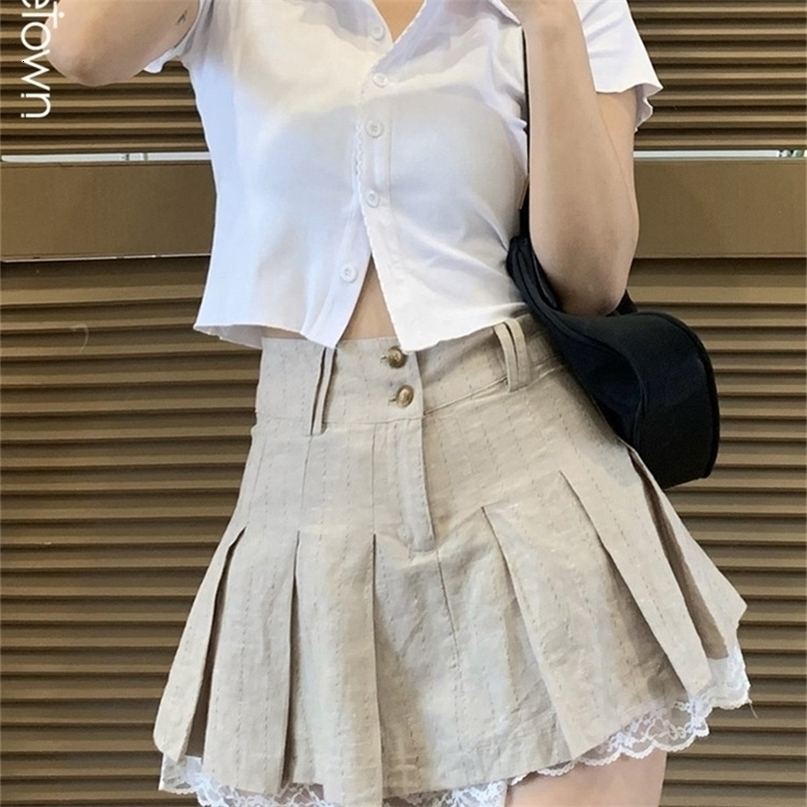 Sweetown Korean Fashion Khaki Short Skirt Lace Trim Cute Pleated Skirts Womens Preppy Style Button Up High Waist Summer Skirt 220701