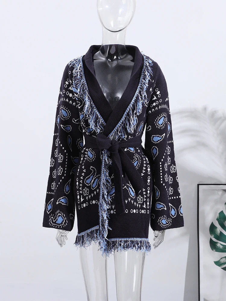 Tassel Patchwork Printed Cardigan Women Geometric Patterns Belts Vneck Long Sleeve Knitted Street Lady Sweater 2025 Autumn Coat 250917Z