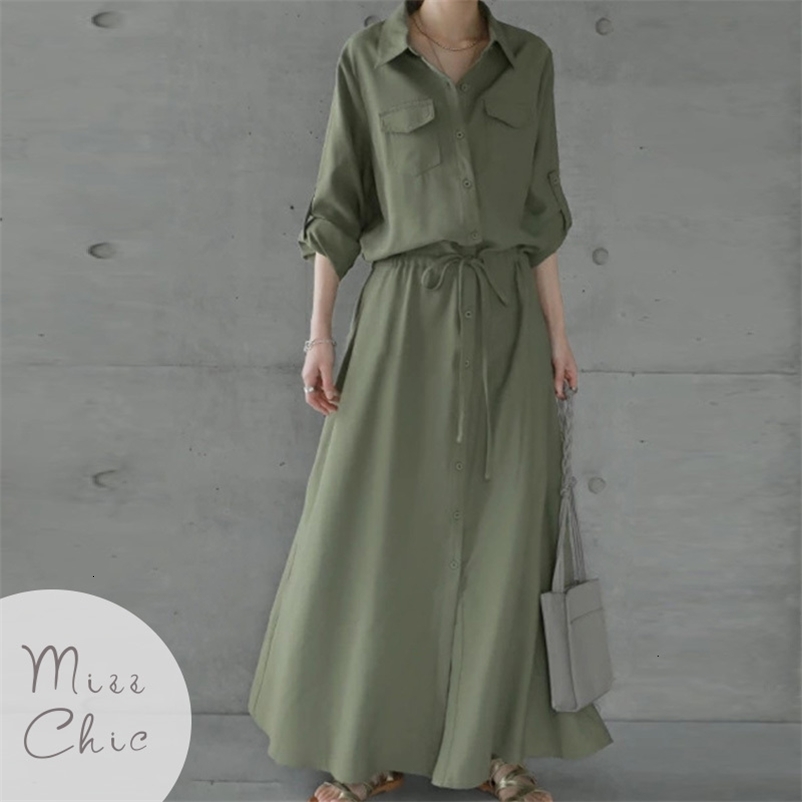 Casual Dresses Chic Solid Color Maxi Shirt Dress Casual Turndown Neck Button Belt Slim Long Dress Ladies Streetwear Women Autumn Clothes 230316