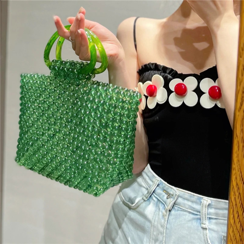 Green transparent crystal bag womens fashionable retro simple handbag beach holiday bead clutch 240913