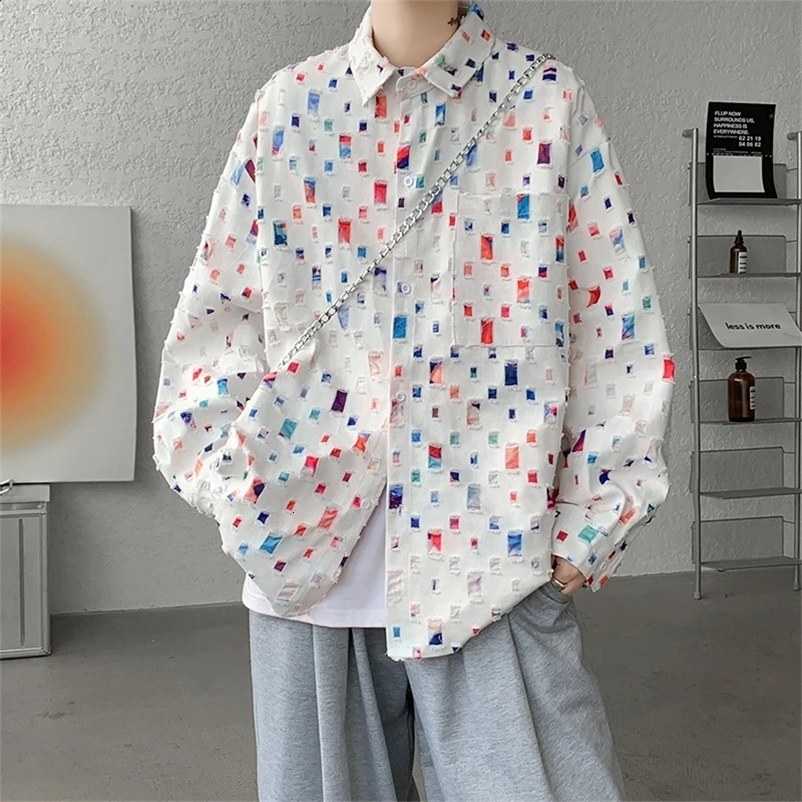 Oversized Colorful Plaid Shirt Mens Cotton Hollow Out Shirts Men Streetwear Loose Casual Long Sleeve Hole Patch Shirts M-5XL 250224