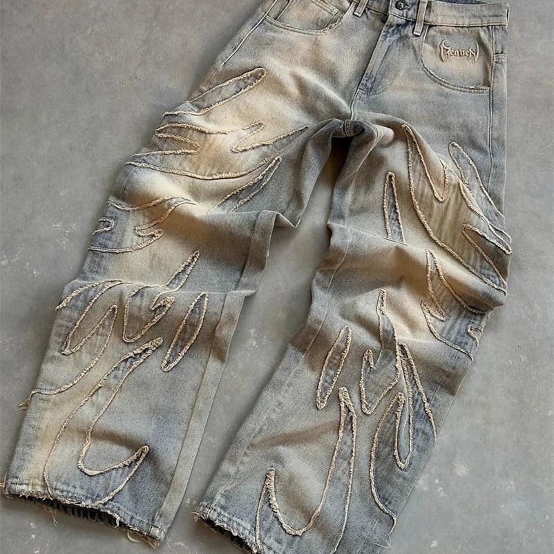 Vintage Raw Edge Embroidery Denim Pants Women Streetwear Distressed Patchwork Baggy Jeans for Men Y2k Straight Wide Leg Trousers 240429