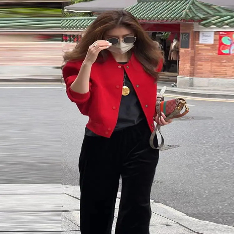 Red baseball uniform womens spring single chest round neck short casual loose jacket top 241029