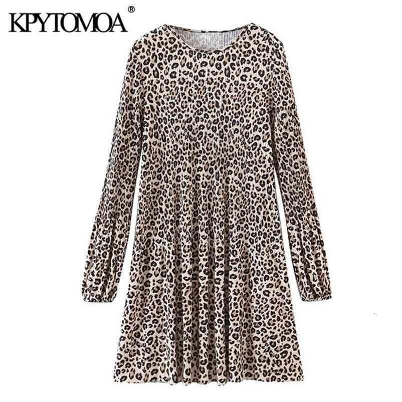 Women Chic Fashion Leopard Print Pleated Mini Dress O Neck Long Sleeve Female Dresses Vestidos Mujer 210420