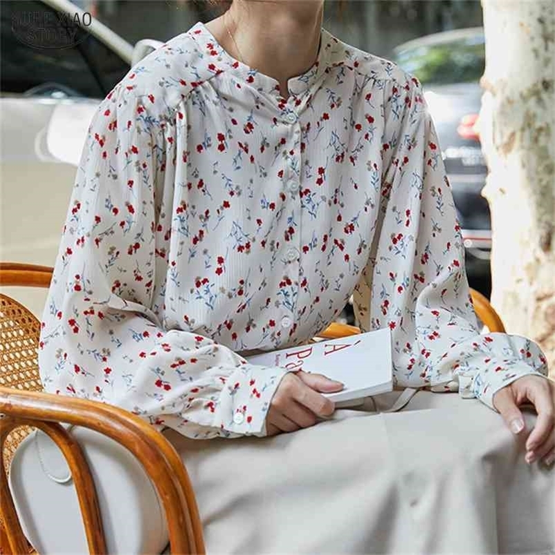 Cardigan Ladies Tops Autumn Floral Puff Sleeve Chiffon Shirts Women Office Loose Long Blouse blusas 10203 210506