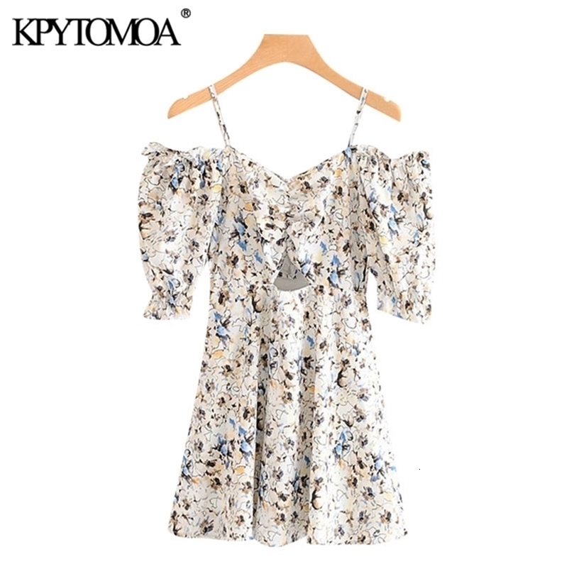 Women Chic Fashion Floral Print Hollow Out Mini Dress Backless Bow Tied Zipper Female Dresses Vestidos 210420