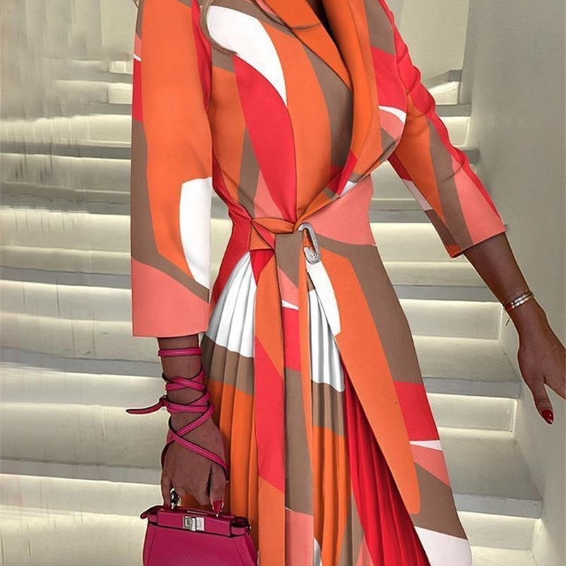 Casual Dresses Fashion Long Sleeve Pleated Lace Up Suit Dress Women Autumn Office Print Elegant Ladies Dresses For Women Robe Femme 230331