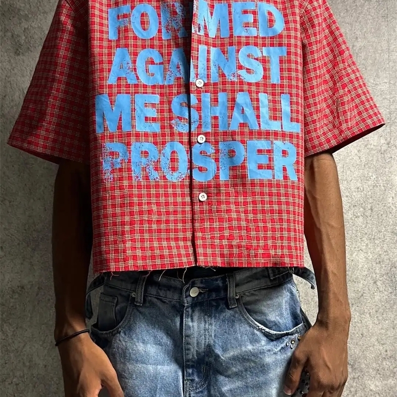 Retro Harajuku plain weave shirt old characteristic art letter printing campus style short sleeved buttons mens commuting day coat top 250423