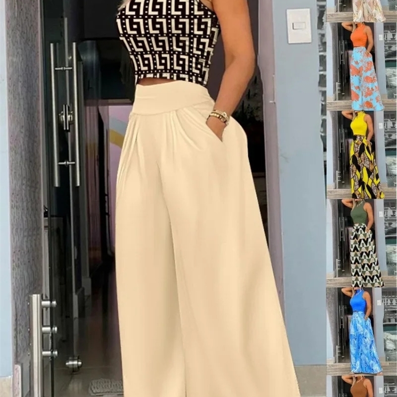 Women's Jumpsuits Loose Wide Leg Pants Overall Pants 2 Piece Set High Waist Sleeveless Printed Fashion Casual Jumpsuit 231221