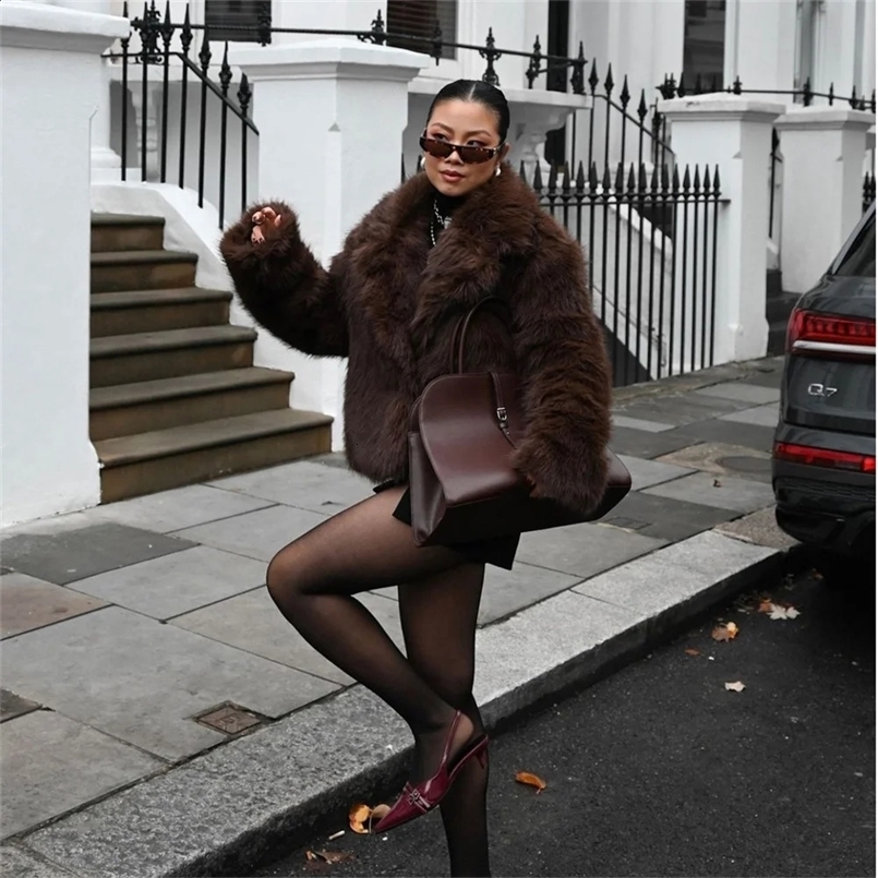 Fashion Girls Brown Fluffy Short Faux Fox Fur Jacket Women Winter Thick Warm Eco Fur Coat Female 241116