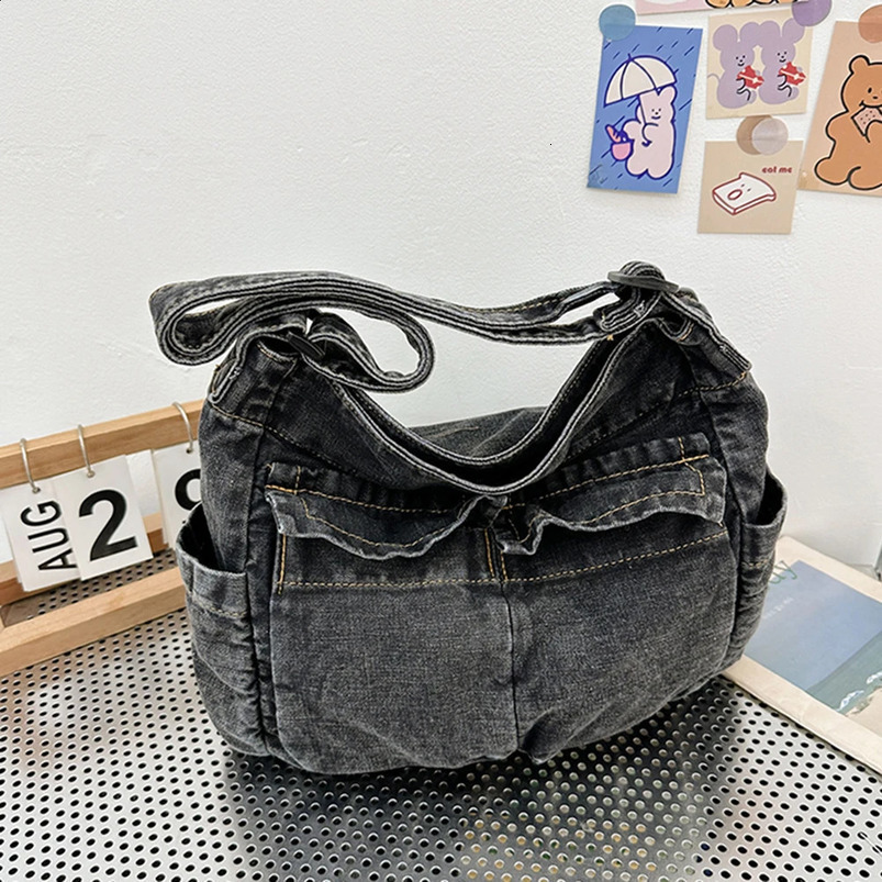 Denim Vintage Messenger Bag Retro Jeans Tote Large Capacity Women Casual Satchel Fashion Shoulder Handbag 240731