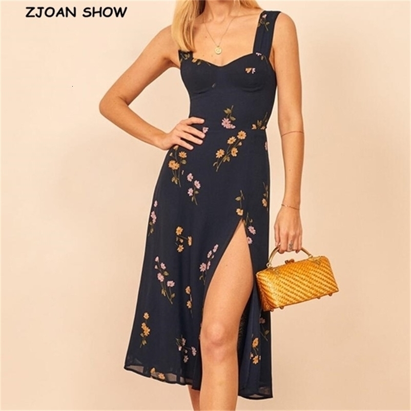 Vintage France Style Navy Floral Print Strap Ruffles Hem Midi Dress Retro Sexy Women Slit Elastic Slim Sling Tea 210429