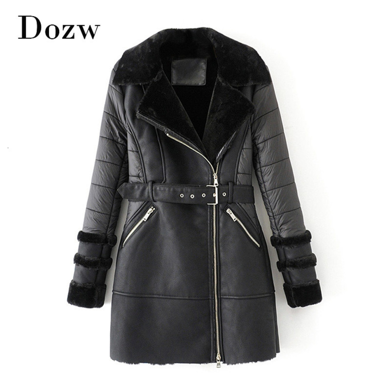 Women Thick Warm Black Coat Winter Autumn Long Sleeve Chic Faux Leather Jacket Lady Zipper Sashes Stylish Midi Long Coat 210414