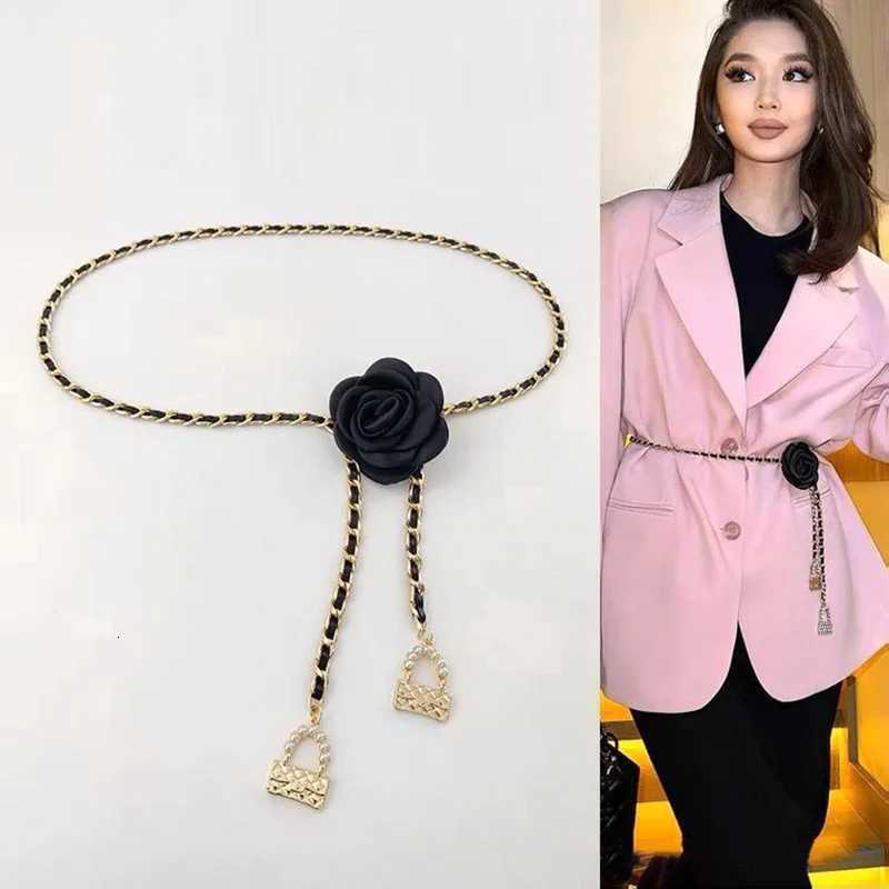 Fashion Camellia Flower Waist Chain For Women Thin Belt Sexy Slimming Metal Waistband For Clothes Dress Decorative Girdles Leather Strap30 D250924