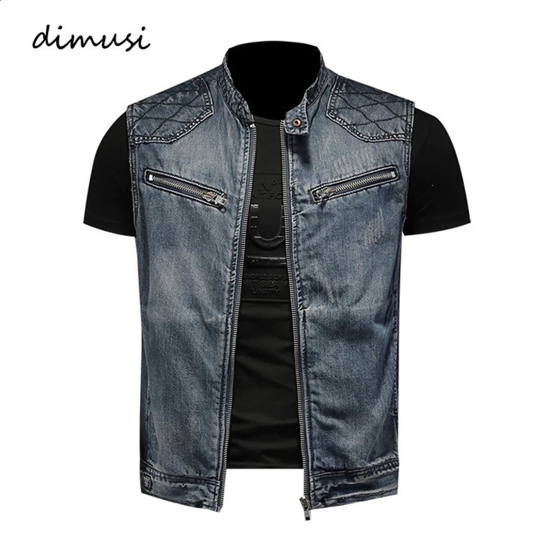 DIMUSI Mens Denim Vests Vintage Fashion Retor Sleeveless Jackets Men Streetwear Ripped Hole Punk Jean Waistcoats Clothing 240912
