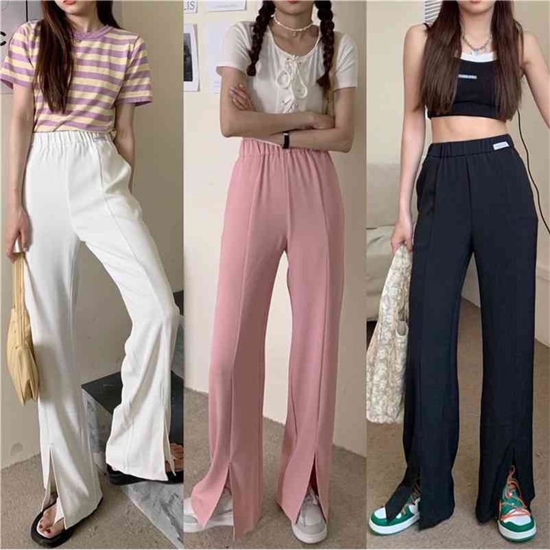 Pants & Capris Korean Solid White Waist Elastic Casual Loose Black Straight Split Wide Leg Pant Mopping Mujer Pantalones Pink 210429