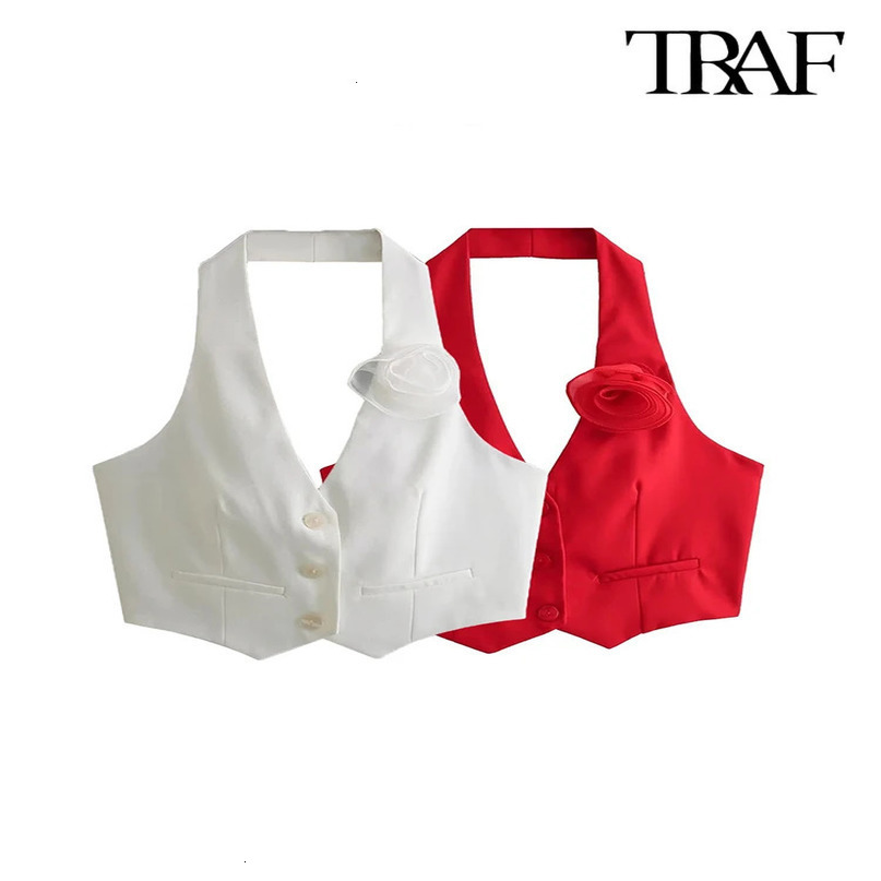 TRAFWomens Floral Appliques Halterneck Waistcoat Sexy Backless Buttonup Female Outerwear Chic Vest Tops Fashion 240523