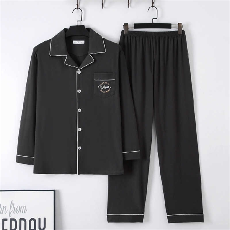 Cotton Men's Sleeve Nightwear Lapel Buttons Men's Pajamas Set Autumn Winter Leisure Elastic Waist Men Sleepwear Tops Long Pants 211019