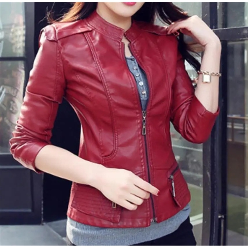 burgundy Women Pu Leather Short Slim Jacket Round Neck Zipper Coat Female Outerwear Fashion Jacke M-2XL red slim coat moto 240828