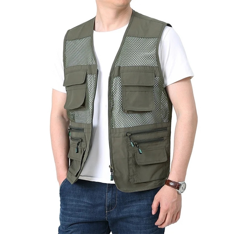 Mesh Vest Mens Summer Thin Multi Pocket Vest with Breathable and Loose Fitting Mens Vest Pography and Fishing Y2K 240704