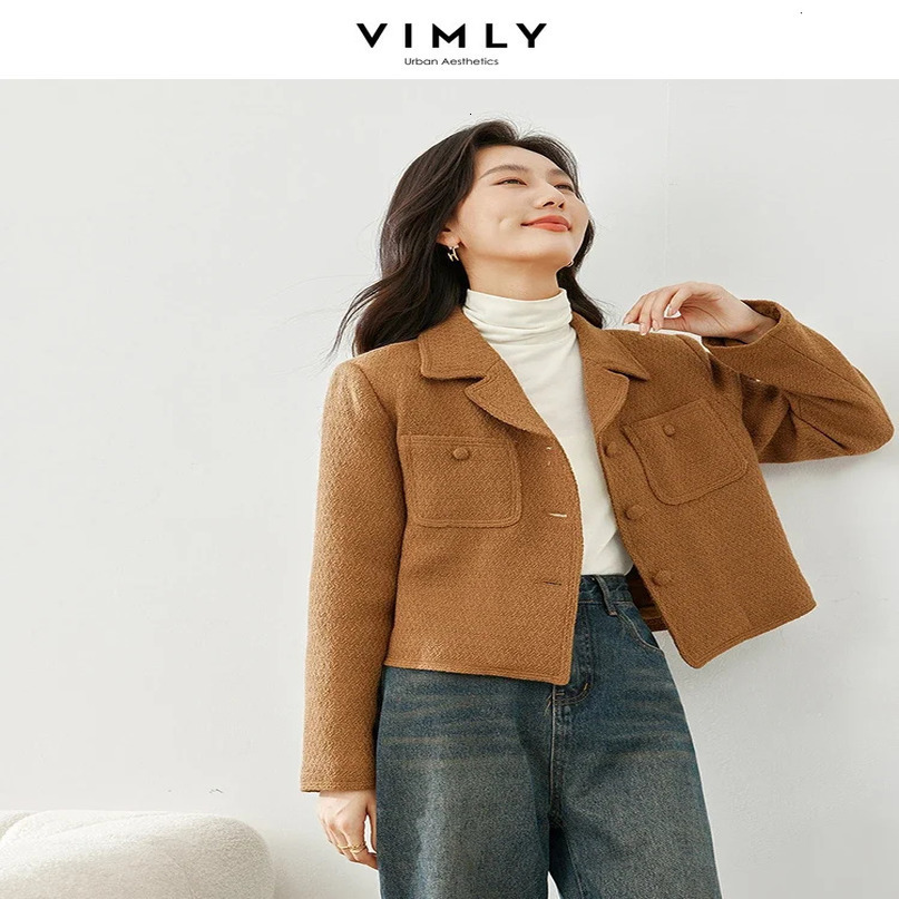Vimly Elegant Cropped Tweed Quilted Jacket Women Winter Wool Blend Short Coat Lapel Notched Collar Outerwear M5266 240307