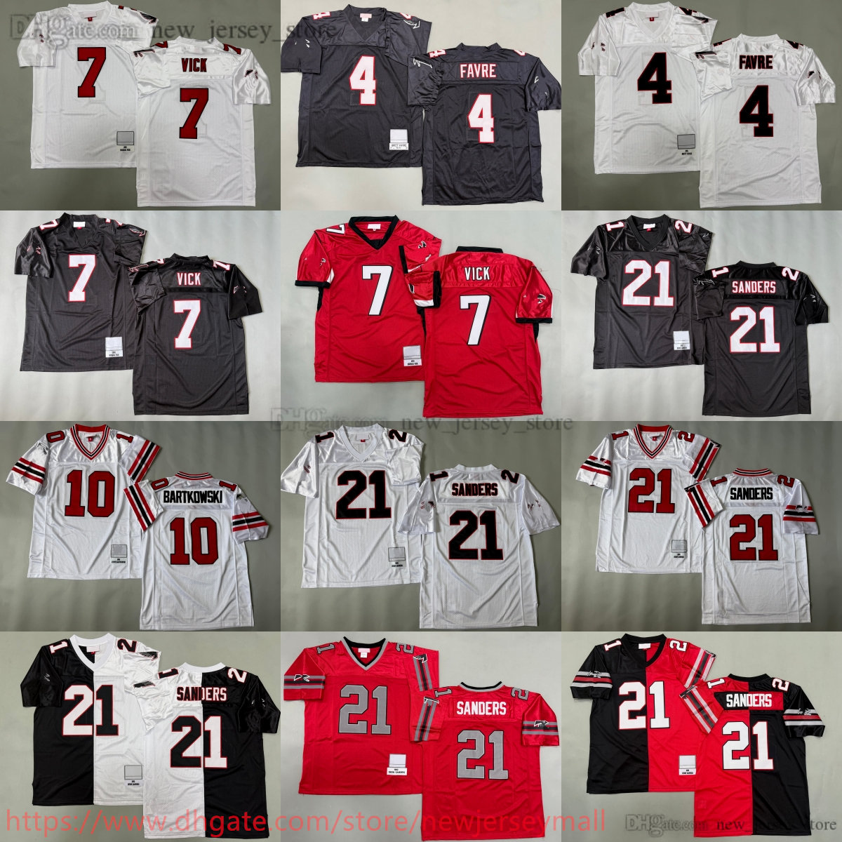 1992 Throwback Football 21 Deion Sanders Jersey Classic Retro Stitch 10 Steve Bartkowski 7 Michael Vick 4 Brett Favre Jersey Vintage Breathable Sport Black White Red