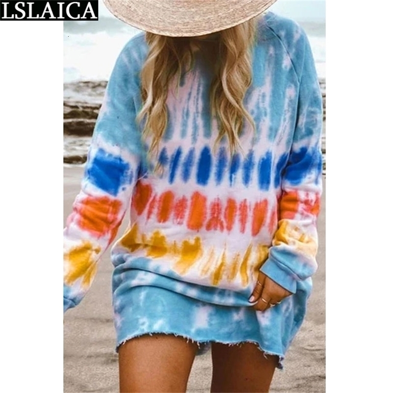 Loose Long Sleeve Dresses O-Neck Tie-Dye Casual Plus Size Homewear Fashion t Shirt Women Vestidos Para Mujer 210515