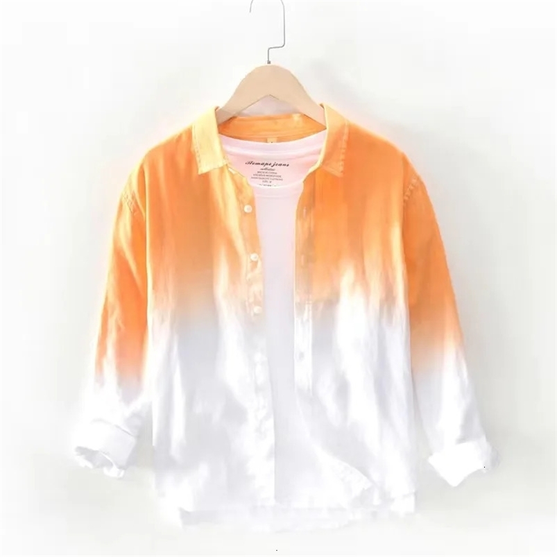 Mens Summer Shirt Long Sleeve Hawaiian Blouse Hawaiian Cool Thin Breathable Lapel Collar Hanging Dyed Gradient Cotton Shirt 250207
