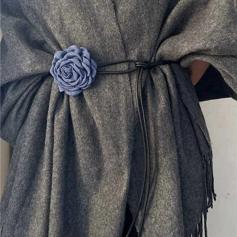 Fashion Vintage Chiffon Flower Waist Belt for Women Elegant Blue Flowers Long Leather Adjustable Waist Chain Dress Jewelry Accessories36 D250924
