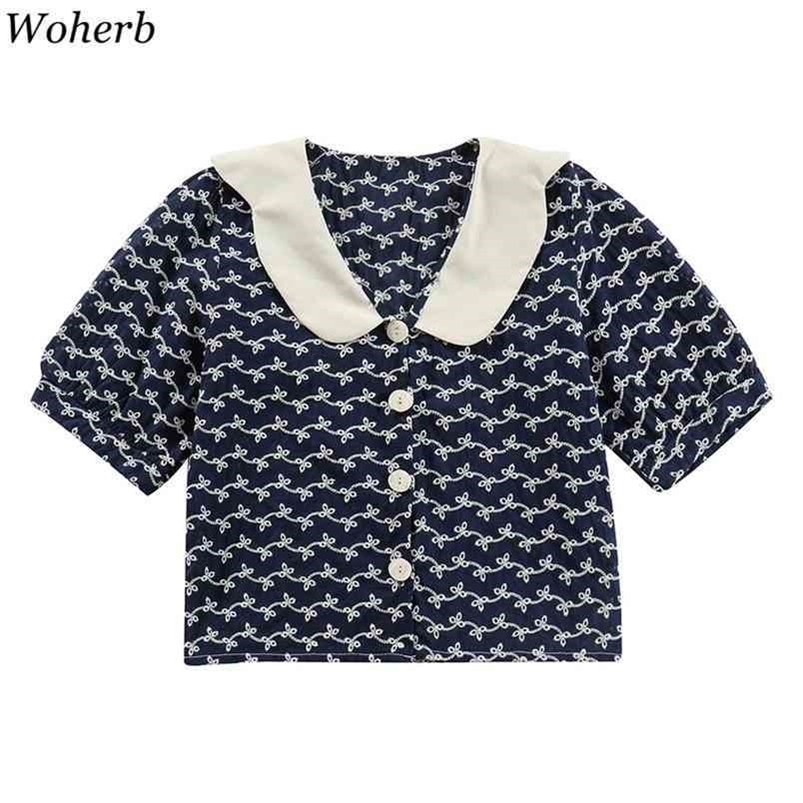 Blouse Women Summer Loose Short-sleeve Print Shirt Korean Temperament Peter Pan Collar Slim Fit Tops Elegant Blusas Mujer 210519