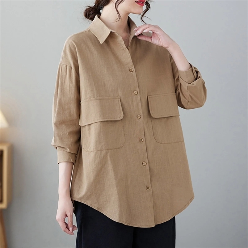 Cotton linen womens long sleeved pocket button Safari casual top Harajuku plus size curled hem lapel shirt 3XL 250318