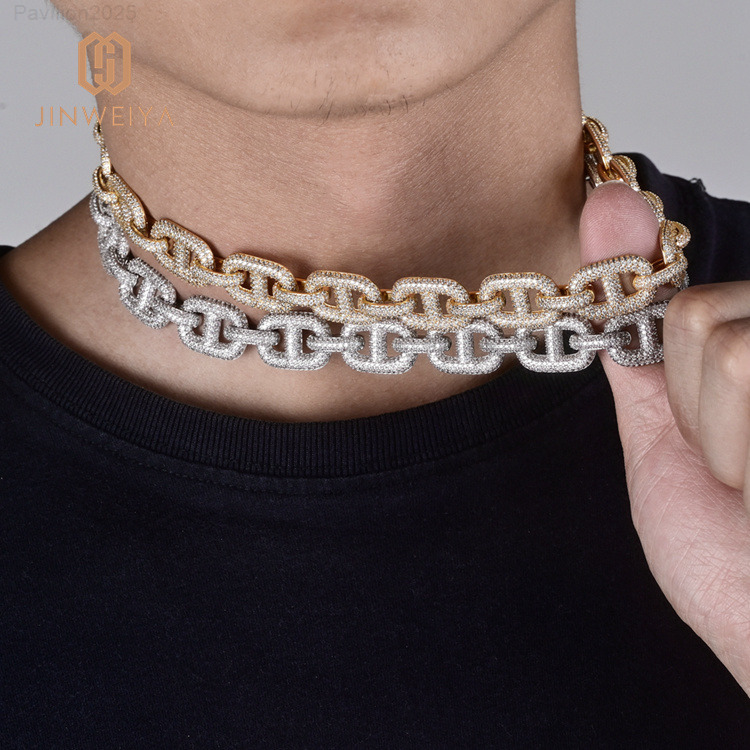 Real Hip Hop Jewelry for Men 15mm Natural CZ Moissanite Stone Necklace with Iced Out Gold Plated Brass Chain Fashion Link Chain