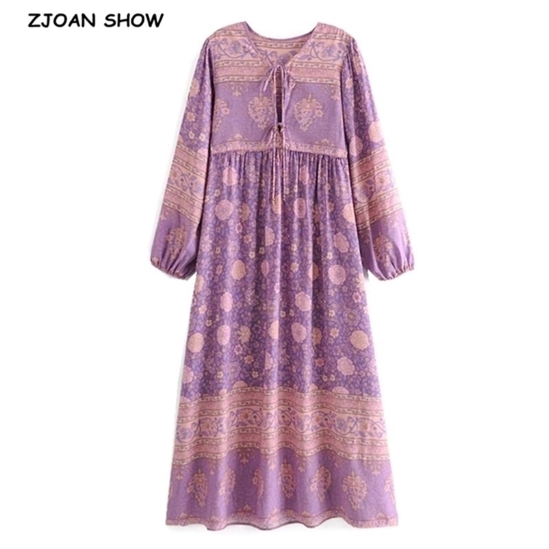 Bohemia Bandage Lacing up Collar Lavender Floral Print Dress Ethnic Woman Hit Color Long Sleeve Maxi Holiday Dresses 210429
