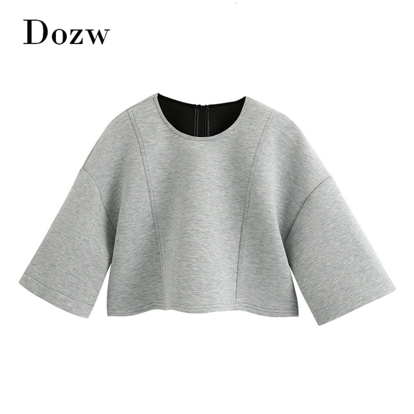 Loose Batwing Sleeve Gray Sweatshirt Women O Neck Pleated Cropped Tops Back Zipper Chic Pullover Hoodies Female Summer 210414