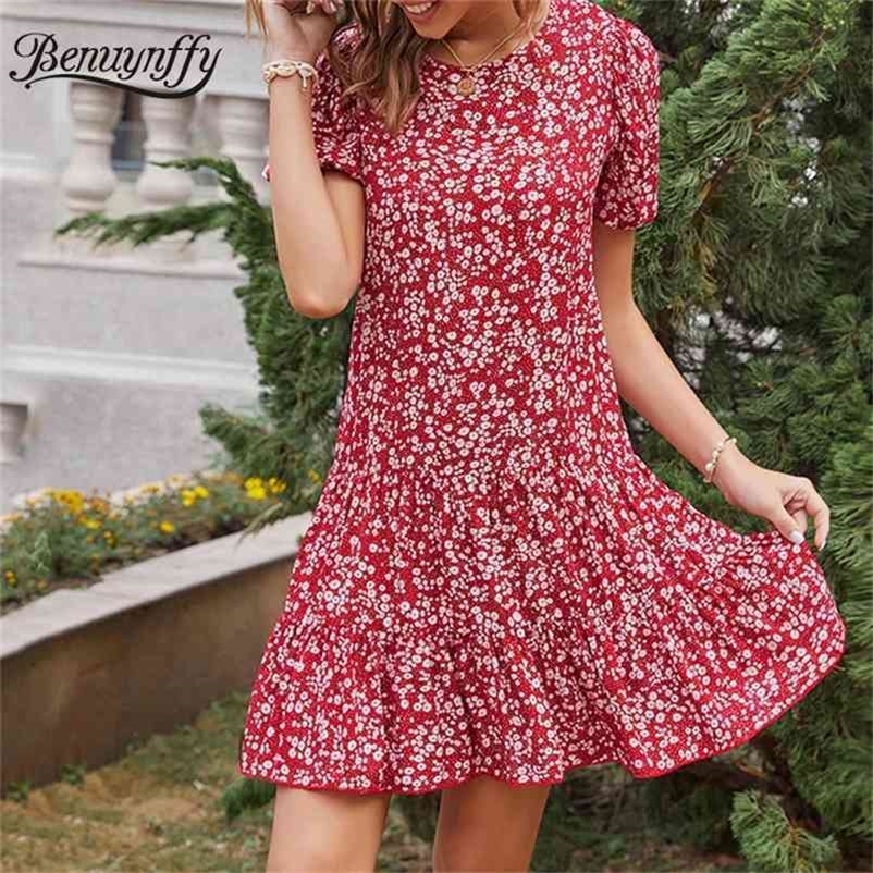 Crew Neck Puff Sleeve Ruffle Hem Dresses Women Summer Holiday Casual Print Short Dress Clothing 210510