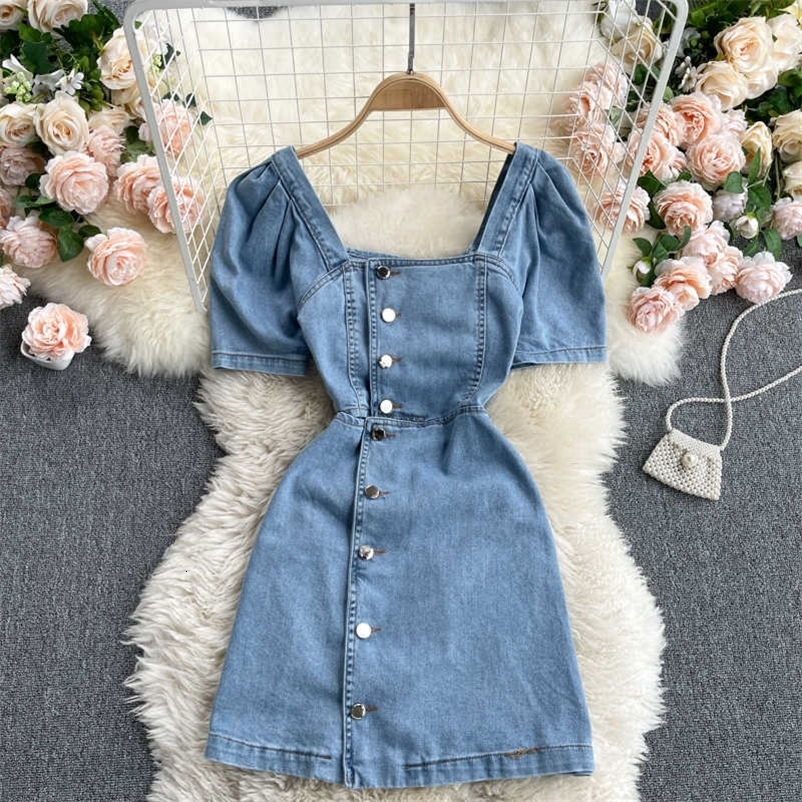 DEAT Women Hollow Out Square Collar Single Breasted Denim Dress Short Sleeve High Waist Fashion Spring Summer 11B595 210709