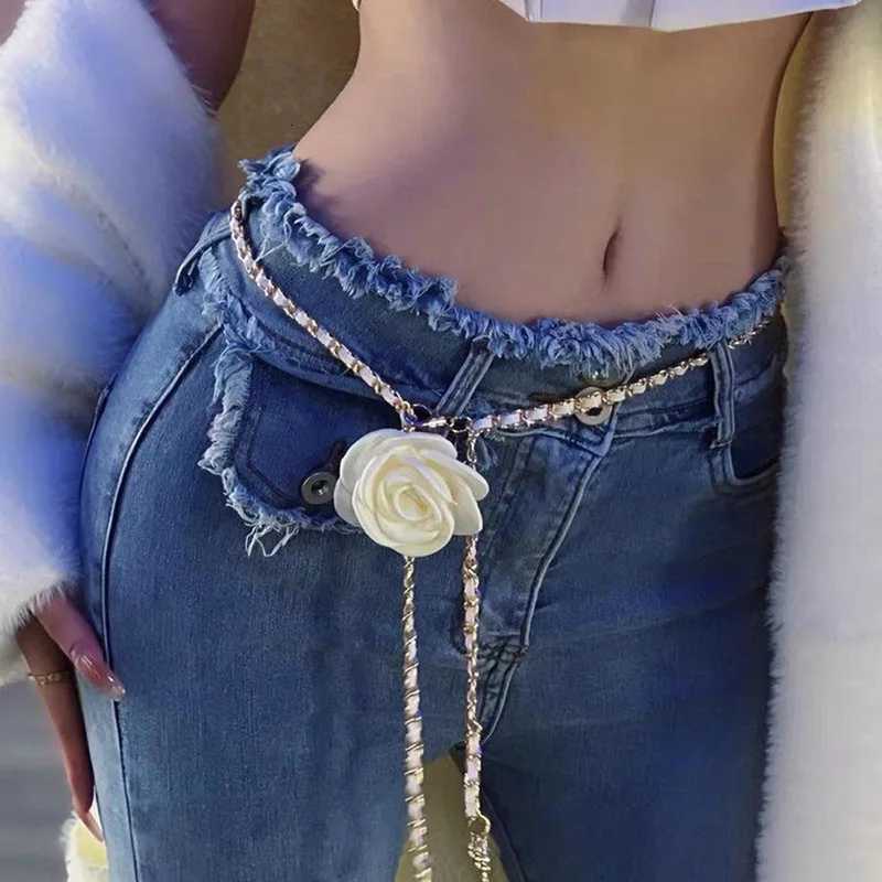 Fashion Camellia Flower Waist Chain For Women Thin Belt Sexy Slimming Metal Waistband For Clothes Dress Decorative Girdles Leather Strap32 D250924